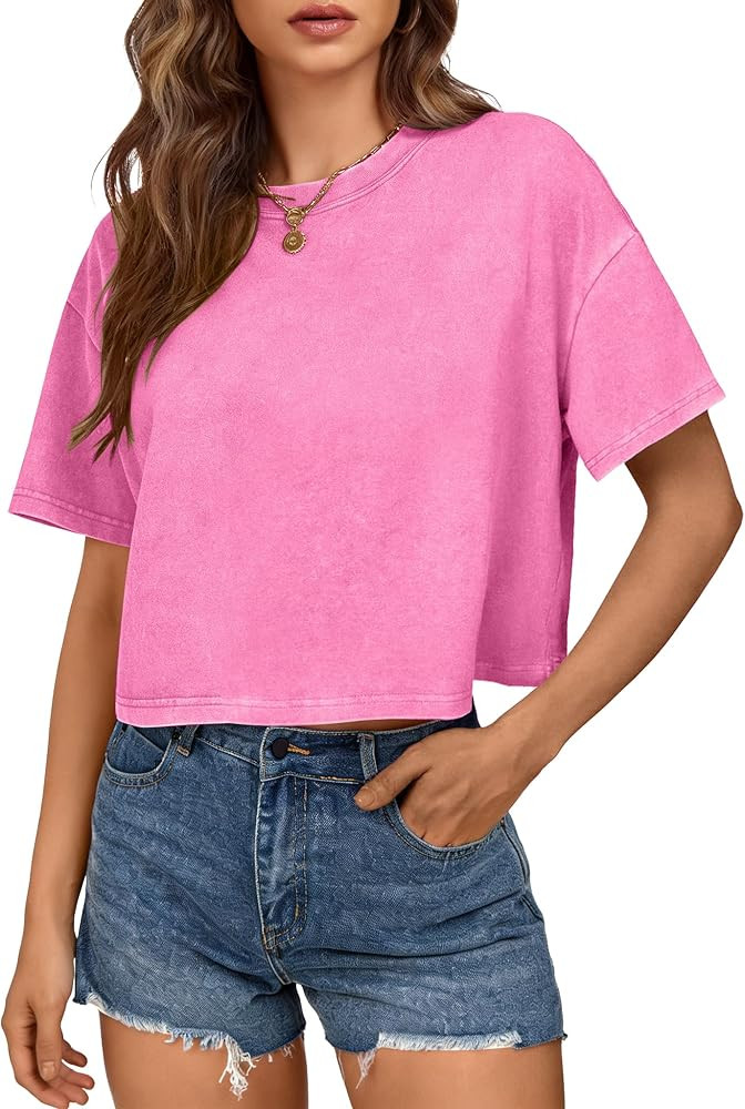 Womens Cropped Tops Acid Wash Short Sleeve T-Shirt Baggy Cotton Tee Vintage Round Neck Basic Tees... | Amazon (US)