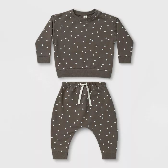 Q by Quincy Mae Baby 2pc Dot Fleece Sweatshirt & Sweatpants Set - Ivory | Target