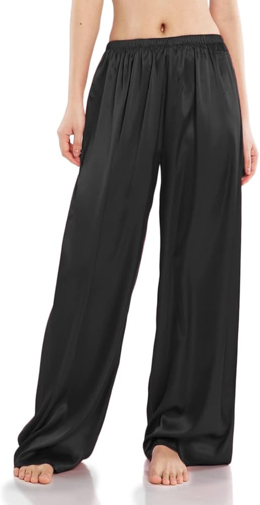 Womens Wide Leg Pajama Pants Satin Silk Casual Loose Elastic Waist Lounge Pants Pj Bottoms | Amazon (US)