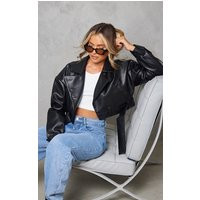Black Oversized Belted Hem Cropped Biker Jacket | PrettyLittleThing UK