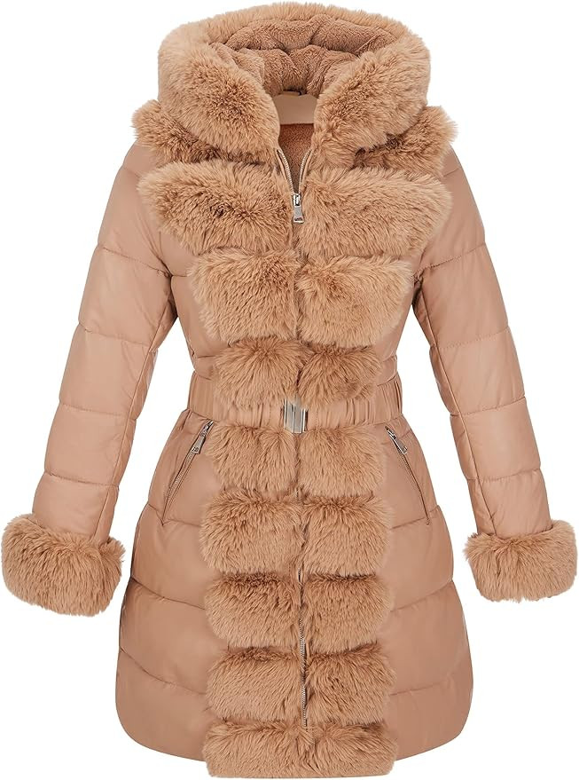RISISSIDA Women Winter Fur Lined Coat,Puffer Jacket with Long Fur Trim Hooded,Warm Leather Bubble... | Amazon (US)