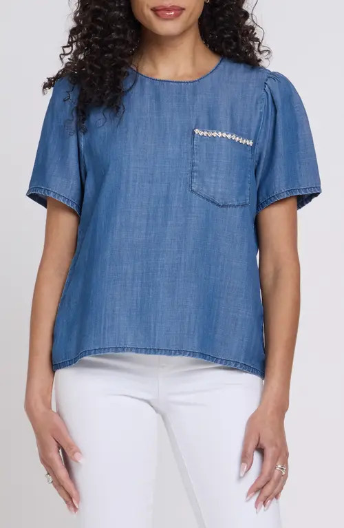 NYDJ Puff Sleeve Denim Shirt in Medium Indigo at Nordstrom, Size Xx-Small | Nordstrom