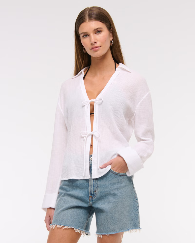 Long-Sleeve Oversized Tie-Front Gauzy Shirt | Abercrombie & Fitch (US)