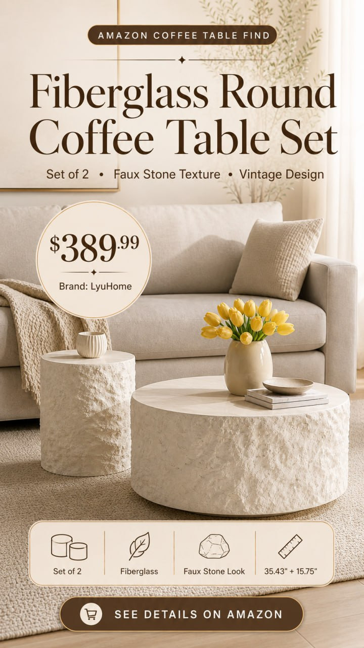 Fiberglass Round Coffee Table Set of Two, Living Room Vintage Design Faux Stone Coffee Table, Side Table Coffee Table Set for Office, Apartment, Living Room (15.75'‘+35.43’') 

 #LTKHome