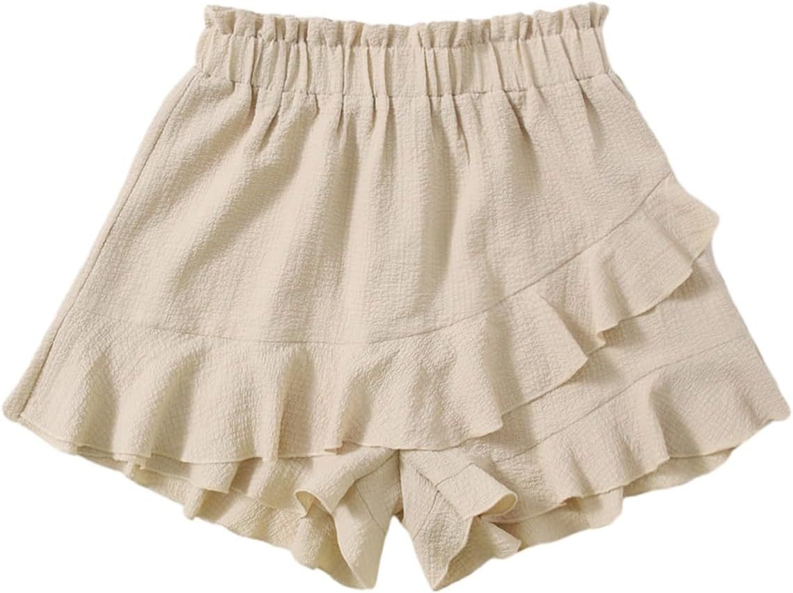 Floerns Women's Boho Paperbag Waist Ruffle Hem Elastic High Waist Cropped Shorts | Amazon (US)