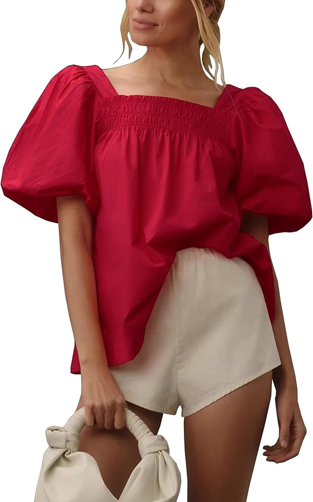 Short Puff-Sleeve Dressy Blouses Smocked Square Ruffle Neck Loose Shirts Casual Womens Tops | Amazon (US)