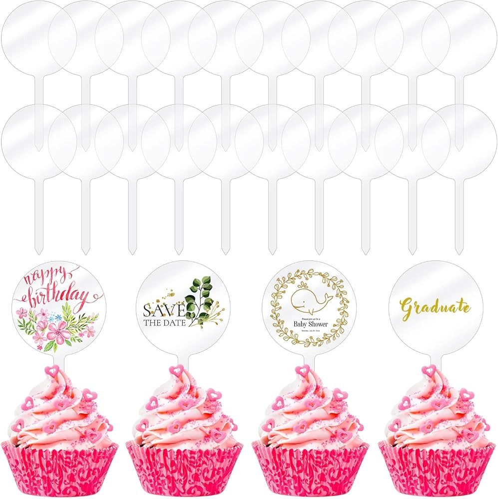 30 Pack 2 Inch Circle Acrylic Cupcake Toppers, DIY Clear Round Blank Cake Toppers Personalized Cu... | Amazon (US)
