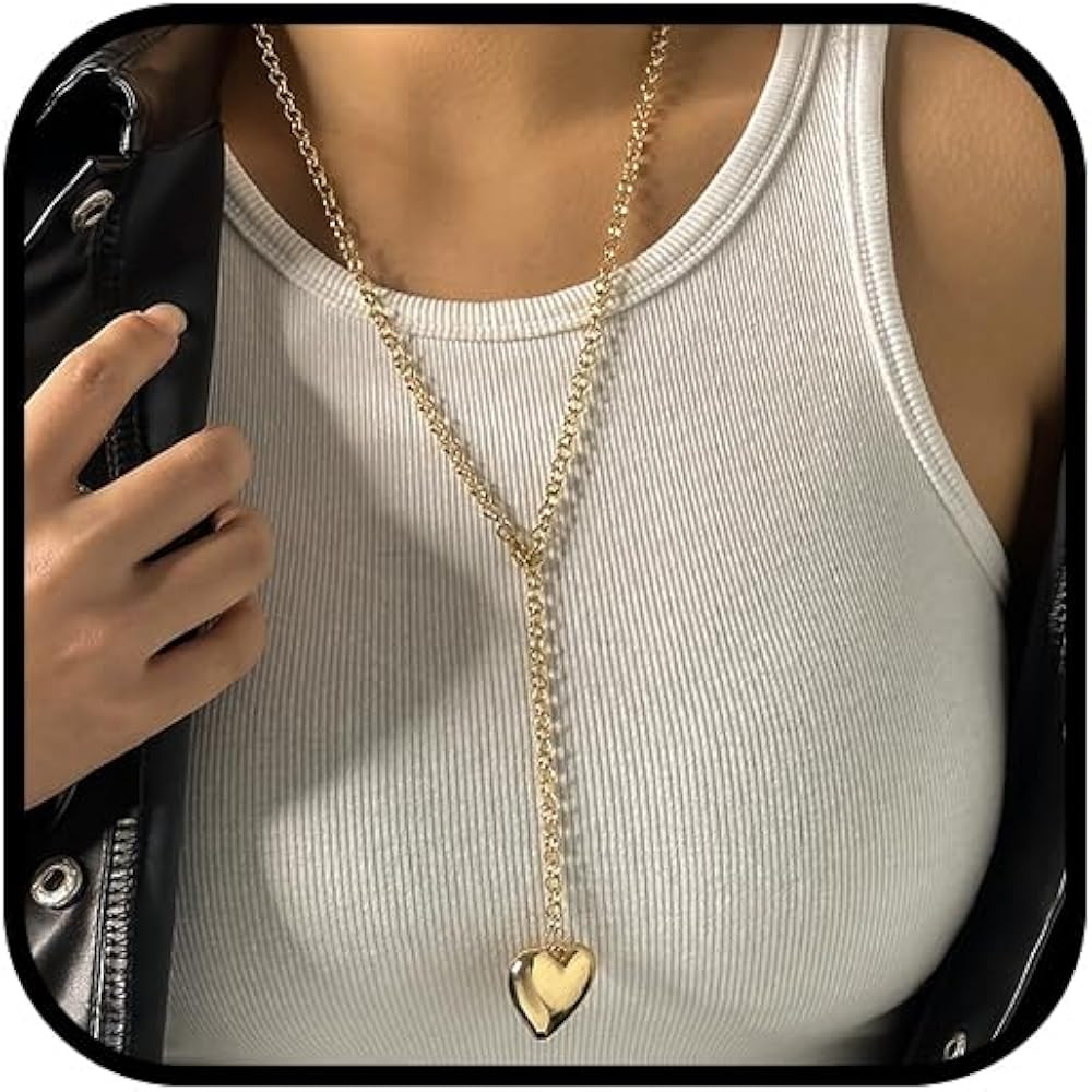 Chunky Gold Puffy Heart Necklace for Women Trendy Silver Long Lariat Statement Big Hearts Cuban L... | Amazon (US)