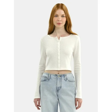No Boundaries Button-Front Pointelle Cardigan with Long Sleeves, Women's | Walmart (US)