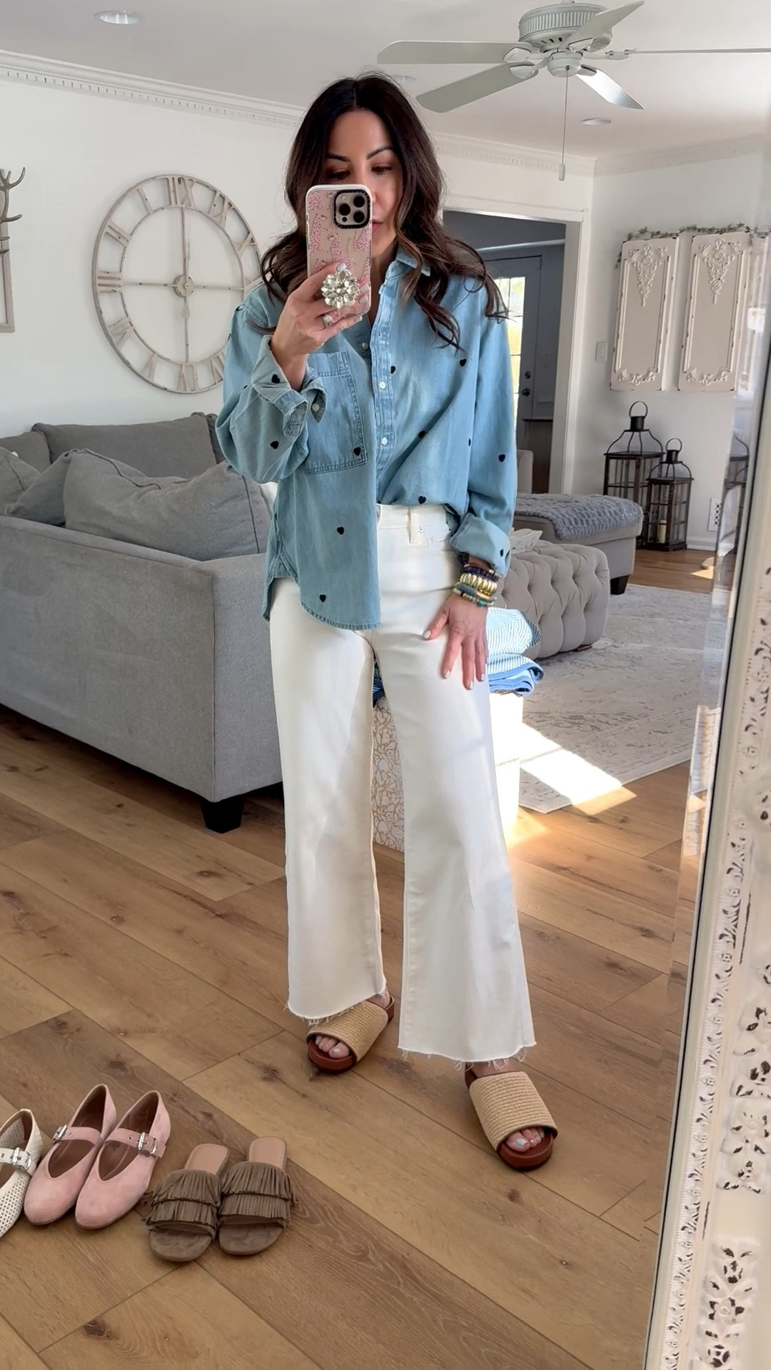 Shoes tts. Heart denim shirt size up to a medium. White jeans, 25. Ballet flats. Walmart fashion.



#LTKOver40