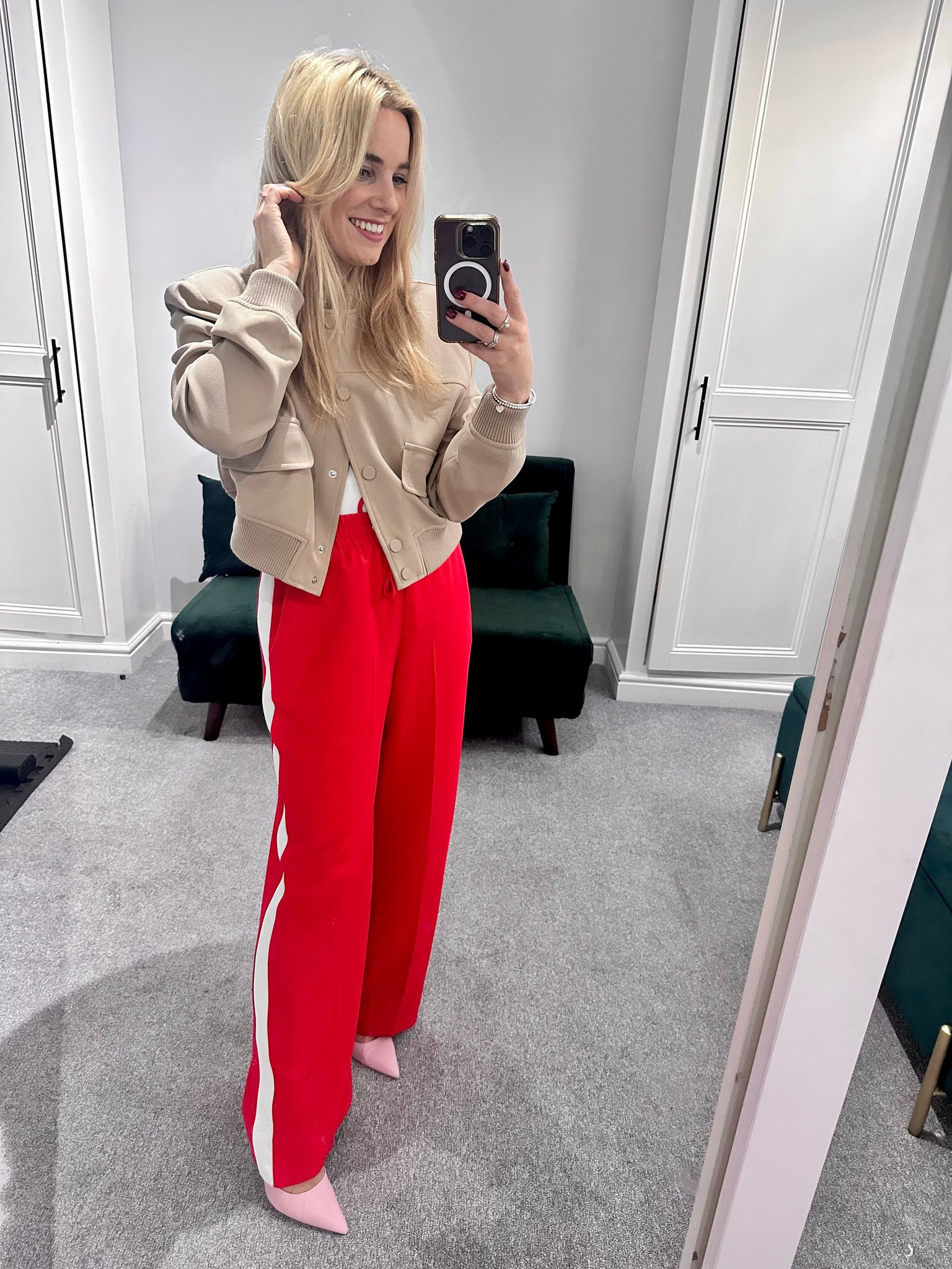 Bomber jacket, River Island, cream bomber jacket, red trousers, pink heels, smart casual outfit, colourful style, pink and red, stripe trousers, comfy outfit, autumn outfit 

#LTKstyletip #LTKeurope #LTKSeasonal