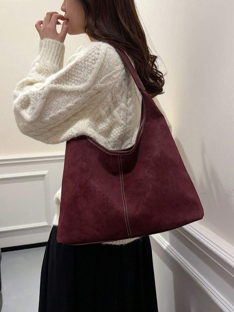 Burgundy Faux Suede Tote Bag, Casual Versatile Shoulder Bag & Crossbody Purse For Women, Fashiona... | SHEIN