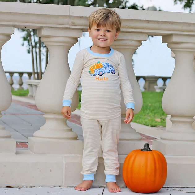 Fall Pumpkin Harvest Truck Tan Stripe Pajamas | Classic Whimsy
