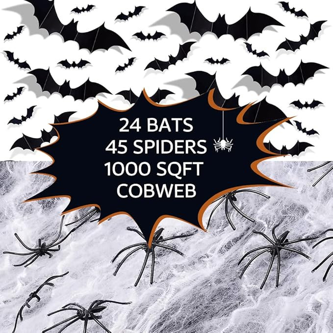 Amazon.com: Cheerin Halloween Bats and Spiders Web Decoration - 3D Bats with Spiders and Cobweb D... | Amazon (US)