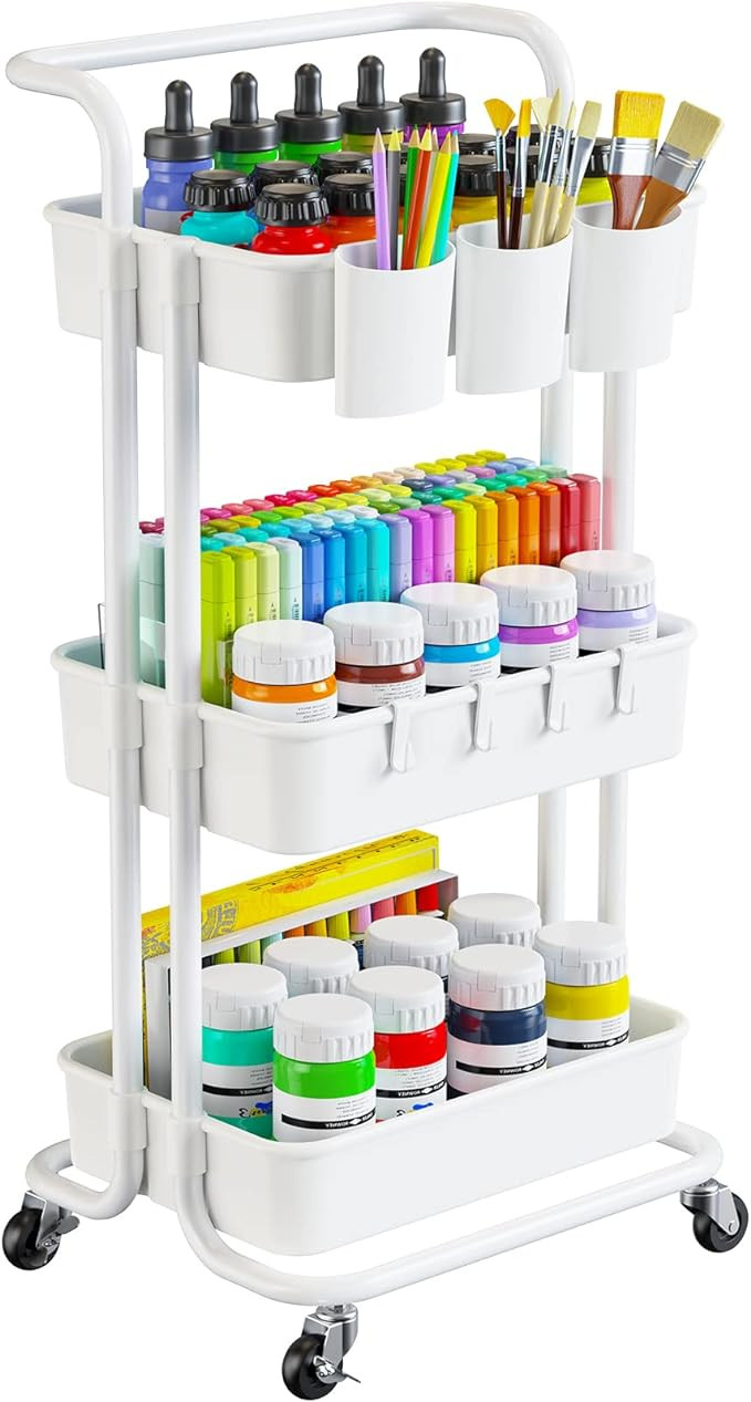 Pipishell 3 Tier Rolling Cart - Art & Craft Organizer Cart with Hanging Cups & Hooks - White Meta... | Amazon (US)