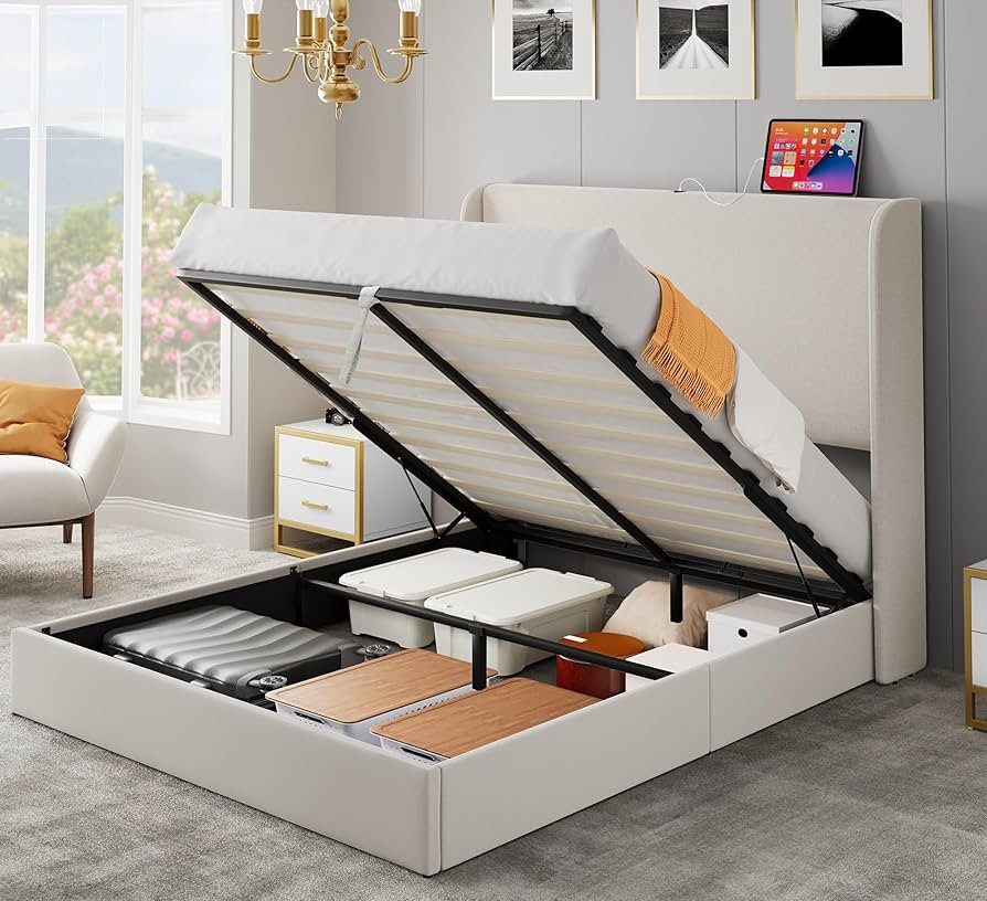 YITAHOME Queen Size Lift Up Storage Bed/50.4" Tall Modern Wingback Headboard withType-C & USB Por... | Amazon (US)