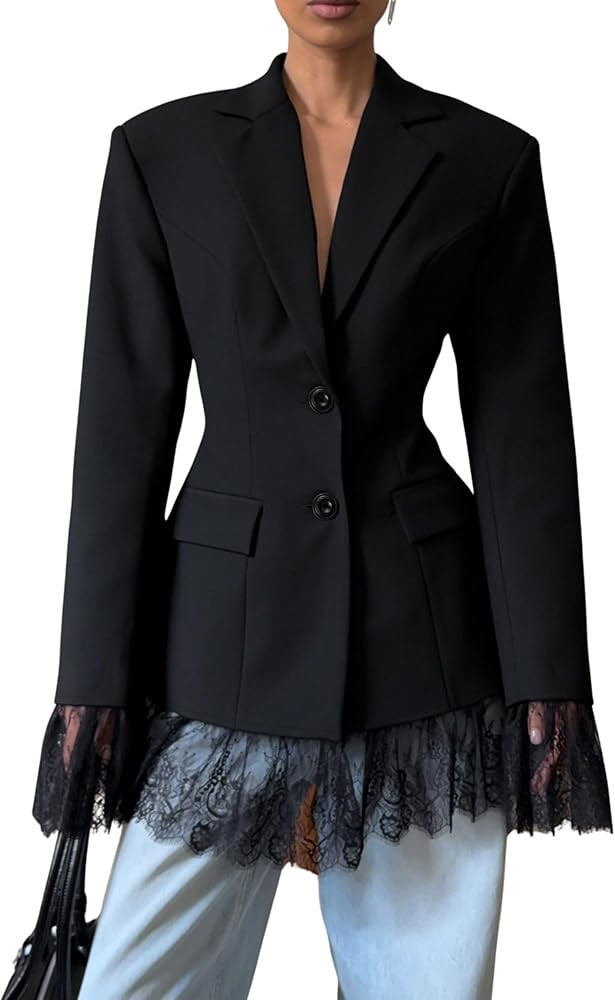 BAIMORE Women's Fashion Temperament Transparent Lace Hem Slim Fit Blazer for Office and Casual Ja... | Amazon (US)