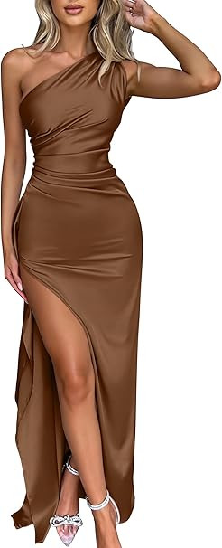 Memoriesea Women's Sexy One Shoulder High Split Cocktail Wedding Party Maxi Dress | Amazon (US)