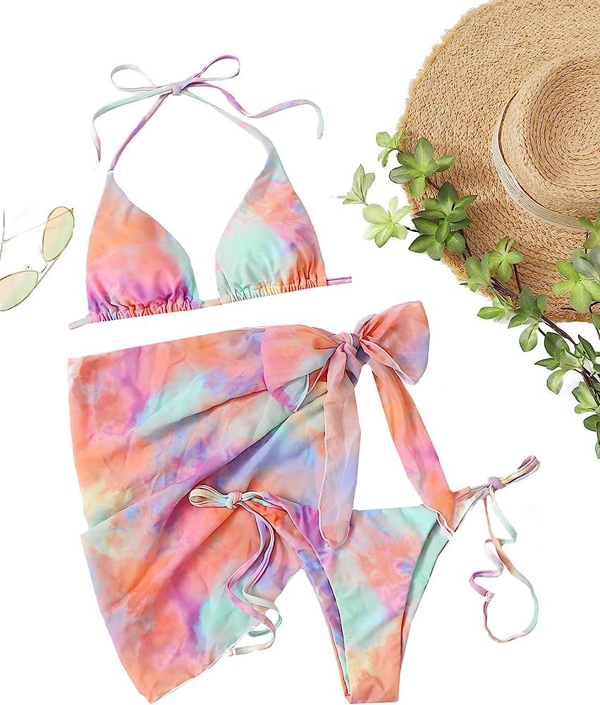 MakeMeChic Women's 3packs Triangle Bikini Swimsuit & Beach Skirt | Amazon (US)
