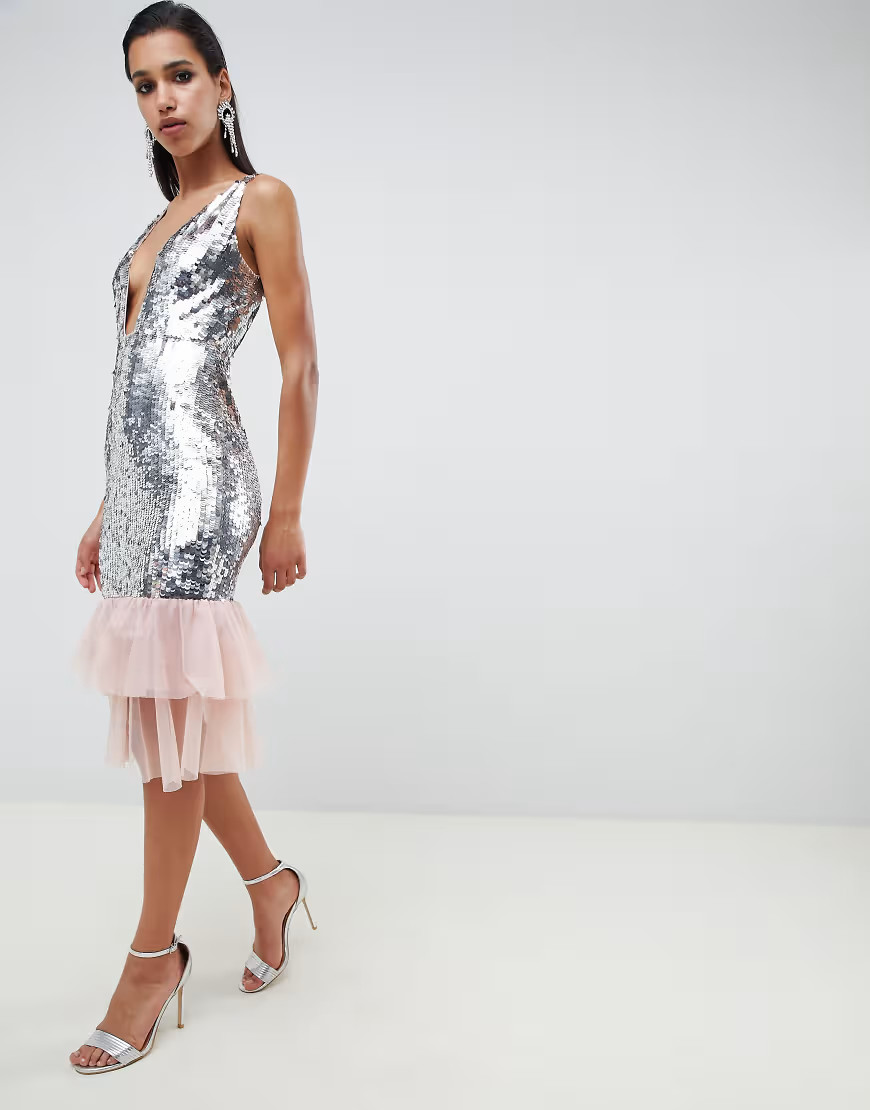ASOS DESIGN Embellished Sequin Plunge Midi Dress with Tulle Pephem-Silver | ASOS (Global)