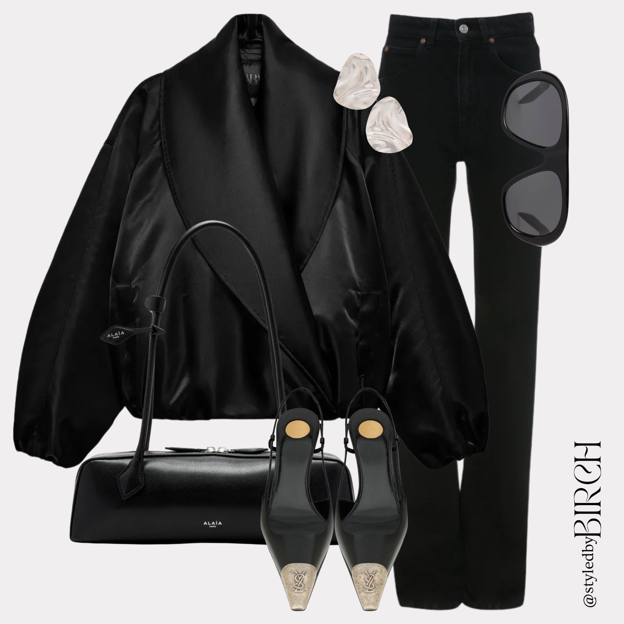 This look is giving ultimate boss girl energy. The kind of outfit that says please don’t disturb me unless it’s important. 💻🖤

#outfitinspo #ootd #fashion #workwear #chicstyle 

Tags 🏷️
Black satin wrap jacket, straight leg black jeans, black slingback heels, black top handle bag, silver statement earrings and oversized black sunglasses

#LTKluxury #LTKmidsize #LTKworkwear