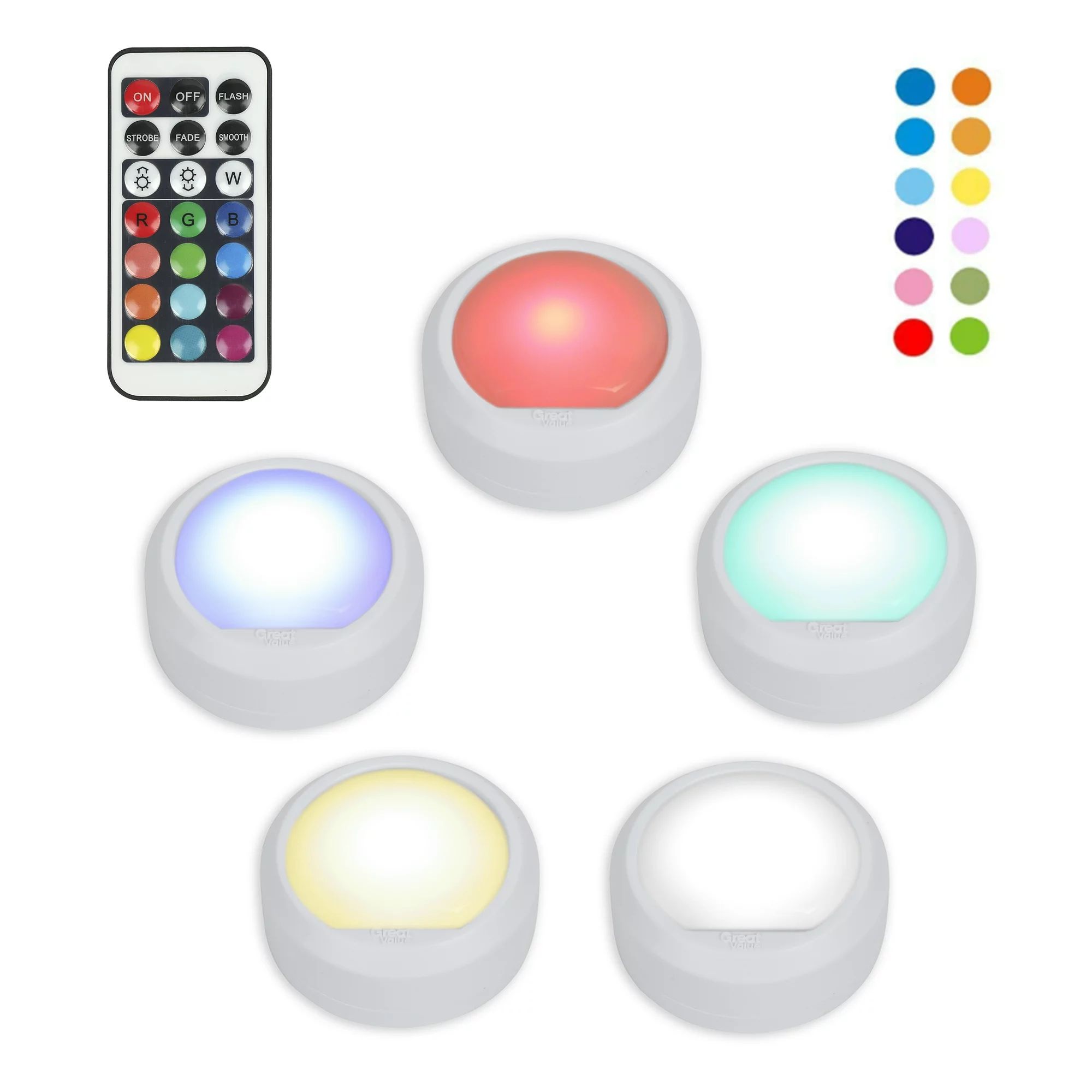 Great Value 5-Pack Color Changing LED Puck Lights with Remote and Batteries, 4151 - Walmart.com | Walmart (US)