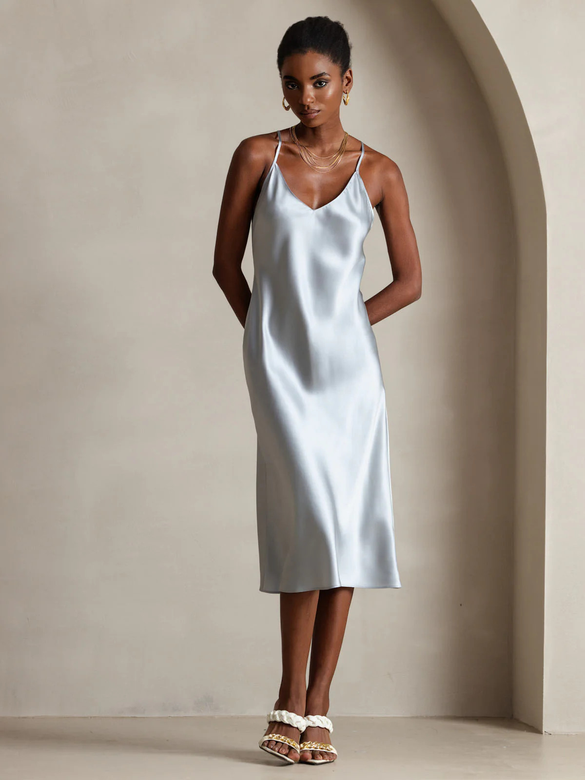 Pure Silk Spaghetti Strap Criss Cross Back Dress | SilkSilky