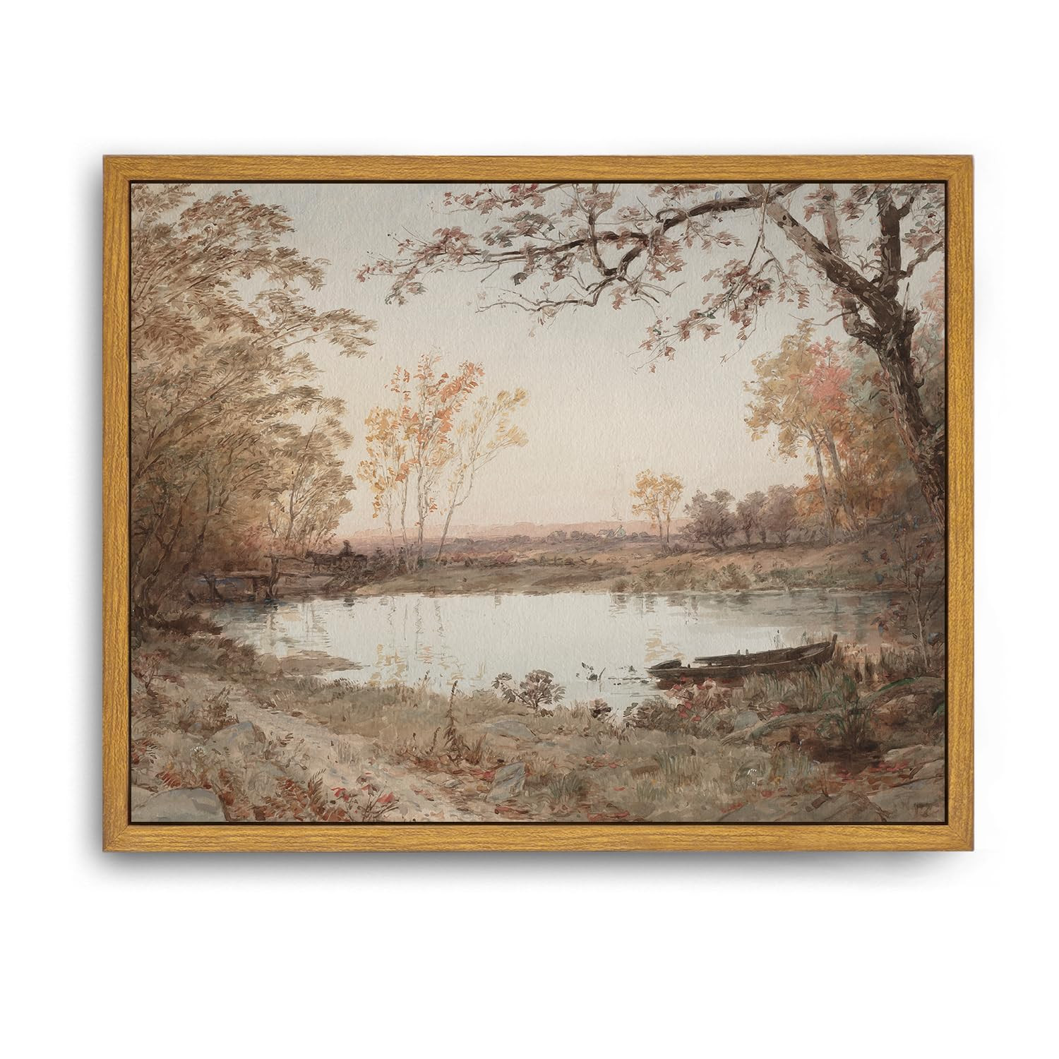 Roslynity Framed Canvas Wall Art Vintage Print Paintings Autumn Pond Landscape Nature Country Fal... | Amazon (US)