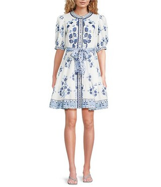 Floral Woven Linen Round Neck Short Bubble Sleeve Button Front Tie at Waist A-Line Flounce Mini D... | Dillard's