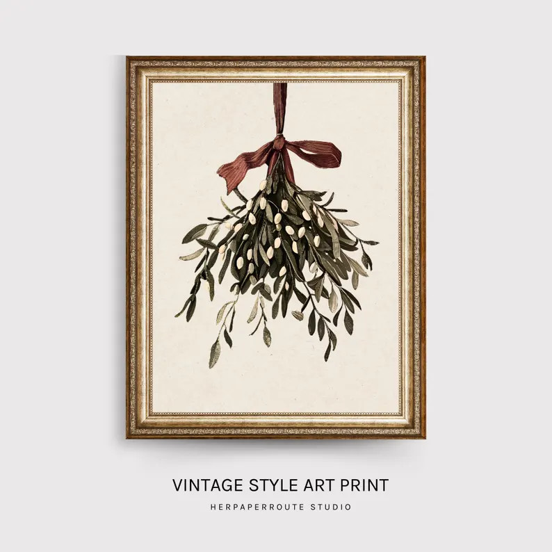 Vintage Christmas Mistletoe Art Print High-quality Wall Art, Cottage Holiday Home Decor Mistletoe... | Etsy (US)