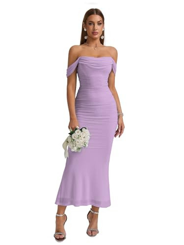 KUTUMAI Off The Shoulder Maxi Long Dress Corset Ruched Bodycon Formal Wedding Guest Dresses for Women Lavender L | Amazon (US)