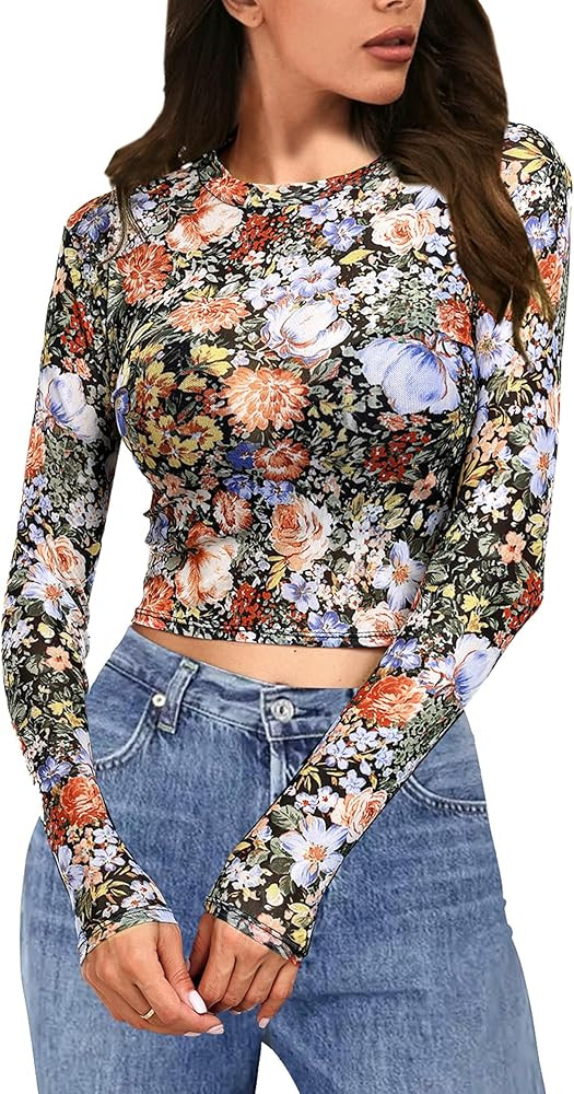 Mesh Top Women See Through Tops Long Sleeve Mesh Crop Top Clubwear Going Out Tops | Amazon (US)
