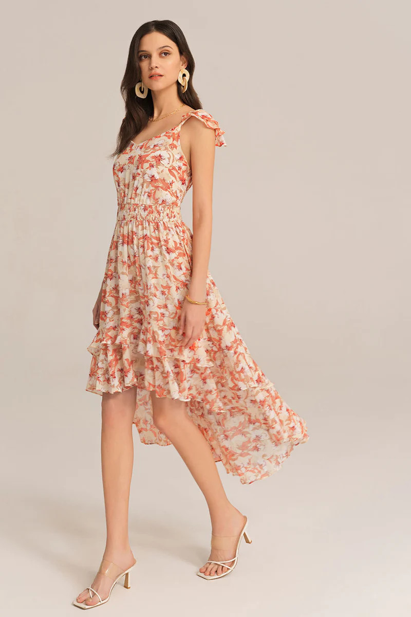 Spaghetti Strap Elastic Waist Chiffon Floral Dress - Orange | GRACE KARIN