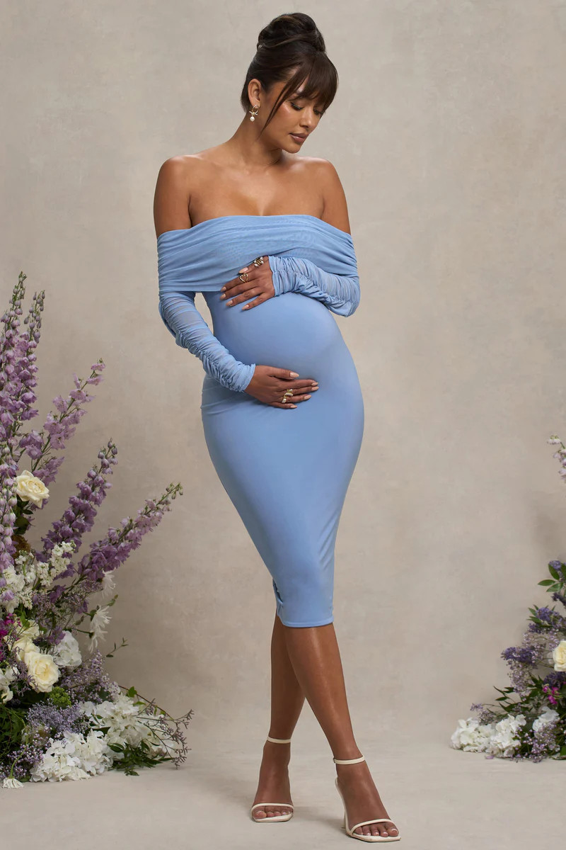 Patiently Waiting  Powder Blue Maternity Ruched Mesh Bardot Midi Dress | Club L London