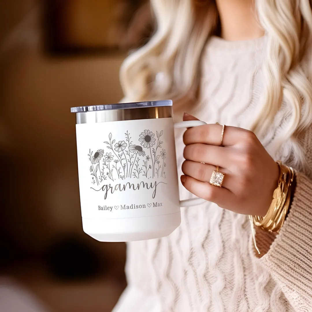 Personalized Grandmother, Mom Travel Coffee Mug Gift For Grandma, Grandkids Names, Floral Mimi Gi... | Etsy (US)