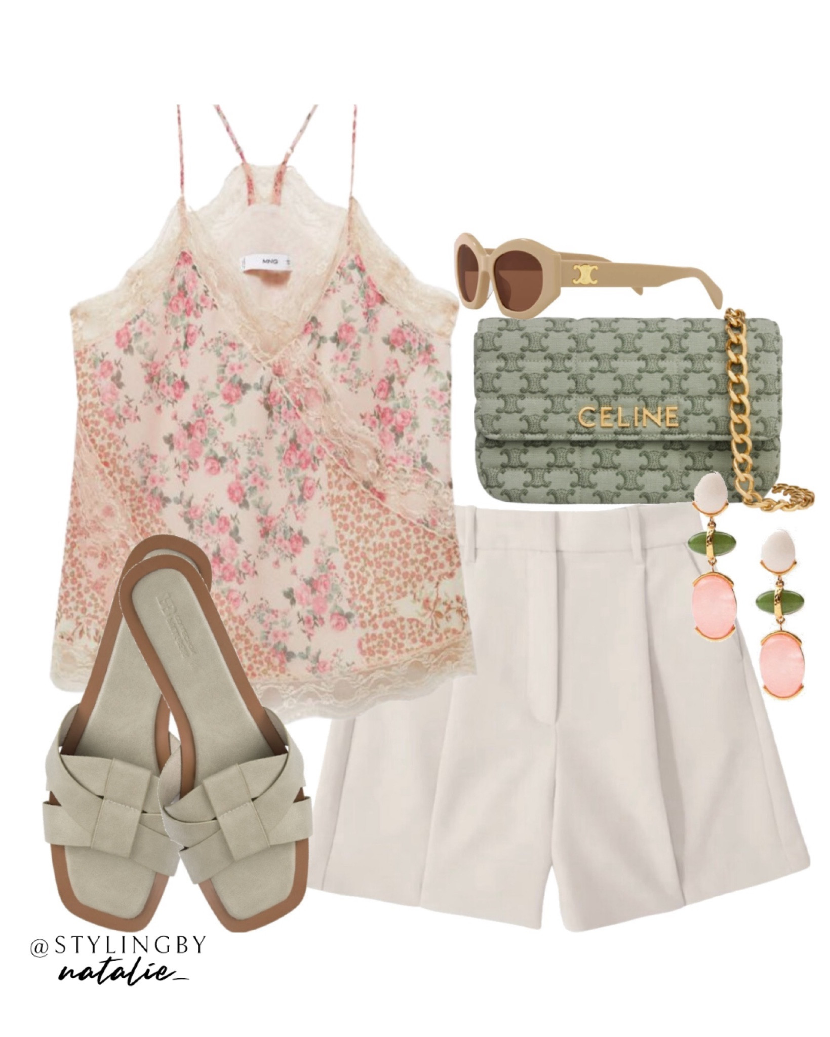 Floral print spaghetti strap blouse, beige tailored shorts, flat sandals, celine bag, drop earrings & celine sunglasses.
🏷️ Summer look, date night outfit, casual chic, floral prints 

#LTKstyletip #LTKmodest #LTKeurope