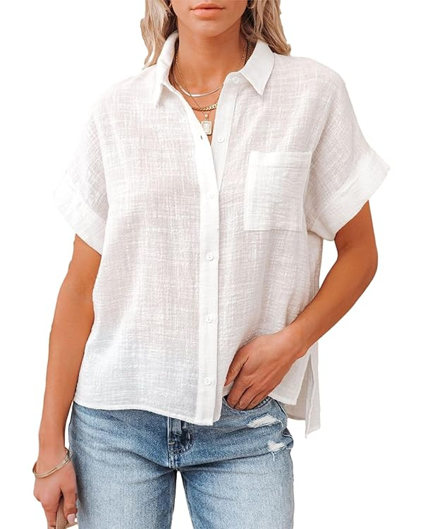 Womens Cotton Linen Short Sleeve Button Down Shirts Casual V Neck Plain Blouses Tops | Amazon (US)
