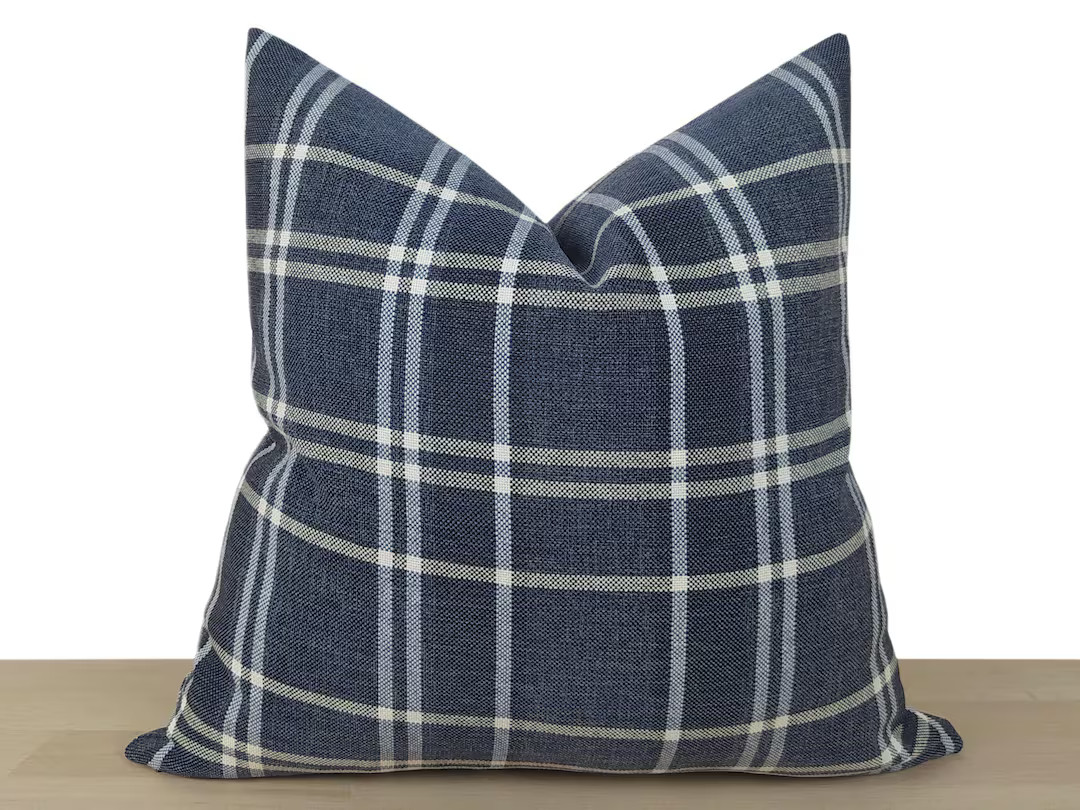 Navy Plaid Pillow Cover • Linen Plaid Cushion • Navy Blue Euro Sham • Cozy Chic Decor • C... | Etsy (US)