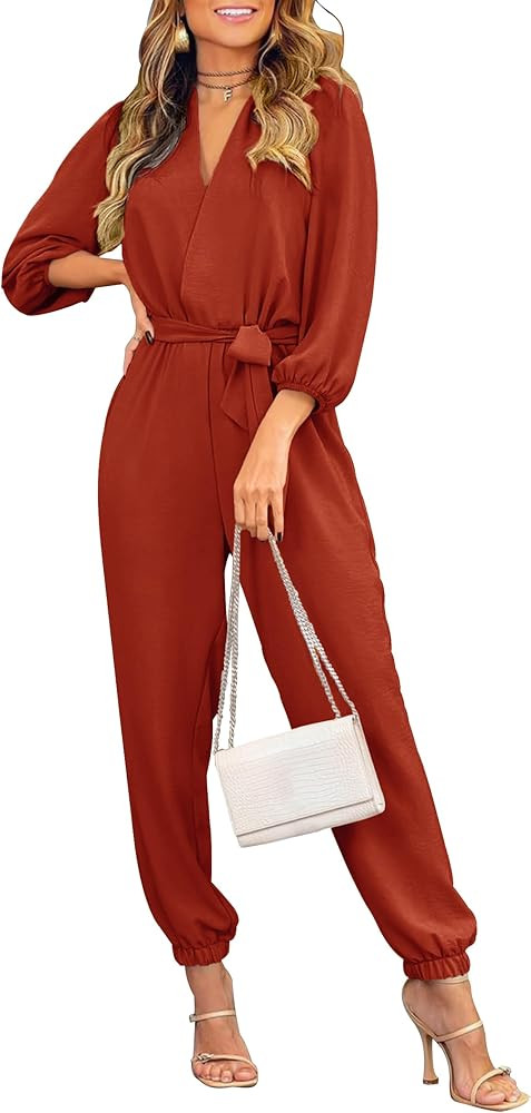 PRETTYGARDEN Womens 2024 Fall V Neck Long Sleeve Belt Pockets Long Pants Romper Jumpsuit | Amazon (US)