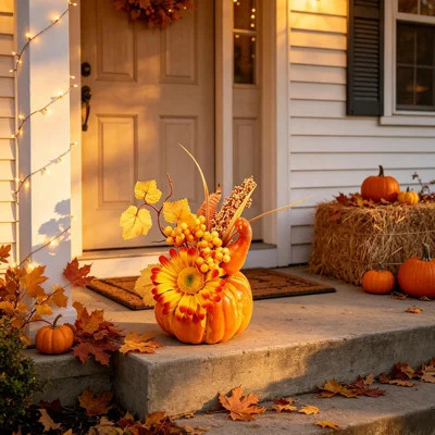 5.9" Artificial Pumpkin Floral Arrangement with Silk Maple Leaves & Berries, Fall Harvest Tabletop Centerpiece for Thanksgiving Home Decor | Wayfair North America