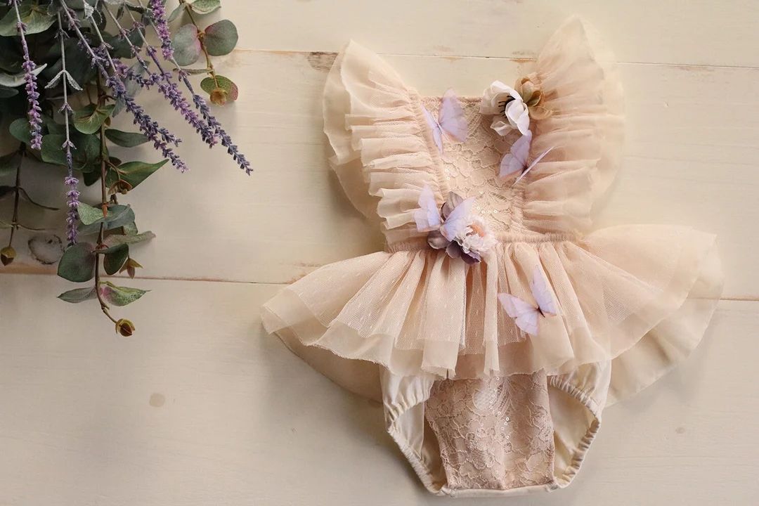 Lavender and Beige Butterfly Gardenia Sitter Romper / 6-12 months / Cake Smash Outfit / Dress | Etsy (US)