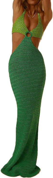 ROAONOCOMO Women Crochet Knit Maxi Dresses Y2K Hollow Out Long Dresses Halter Neck Bodycon Dress Ret | Amazon (US)