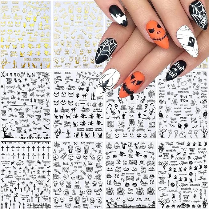 Halloween Nail Stickers, 3D Self-Adhesive Black Gold Horror Nail Art Decals Pumpkin Spider Bat Gh... | Amazon (US)