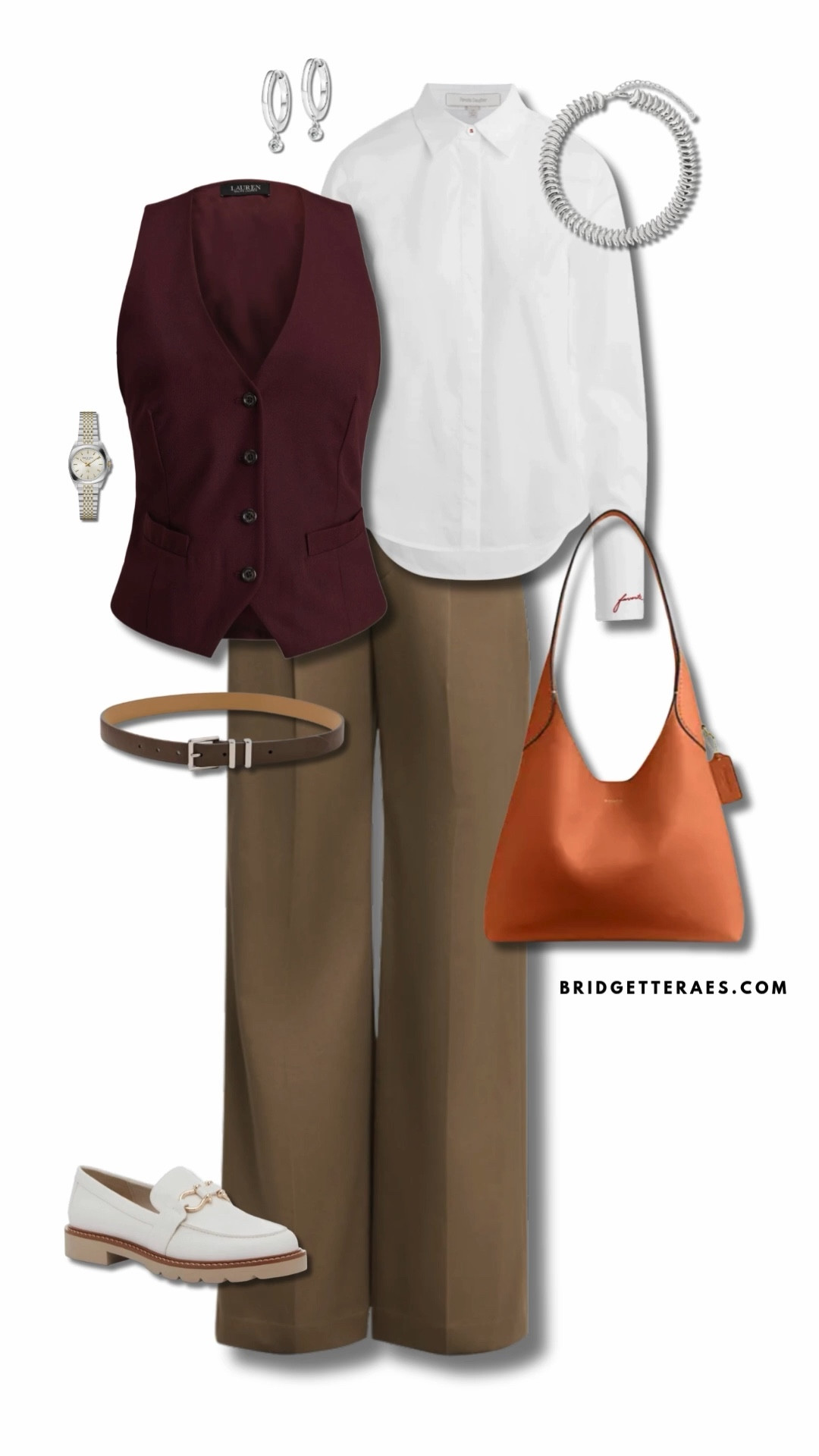  The structured burgundy vest layered over a crisp white blouse makes a confident statement, while the wide-leg brown trousers ground the look with a tailored, timeless silhouette. A slim leather belt and classic white loafers add subtle polish and professionalism. The rich orange tote injects just the right amount of color to energize the look, while silver accessories—sleek hoop earrings, a bold choker, and a watch—bring a refined finish. This is a modern leadership uniform for women who mean business.

#LTKWorkwear #LTKgrwm #LTKootd