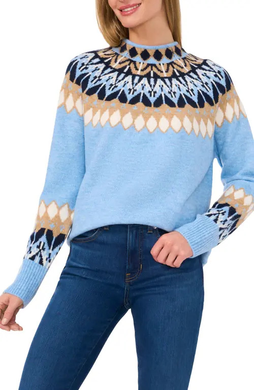 CeCe Fair Isle Funnel Neck Sweater in Blue Heather at Nordstrom, Size Xx-Small | Nordstrom