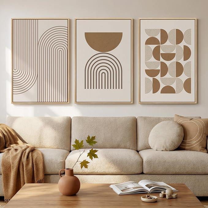 Large Framed Abstract Neutral Boho Wall Art for Living Room, 3 Piece Beige Mid Century Modern Can... | Amazon (US)