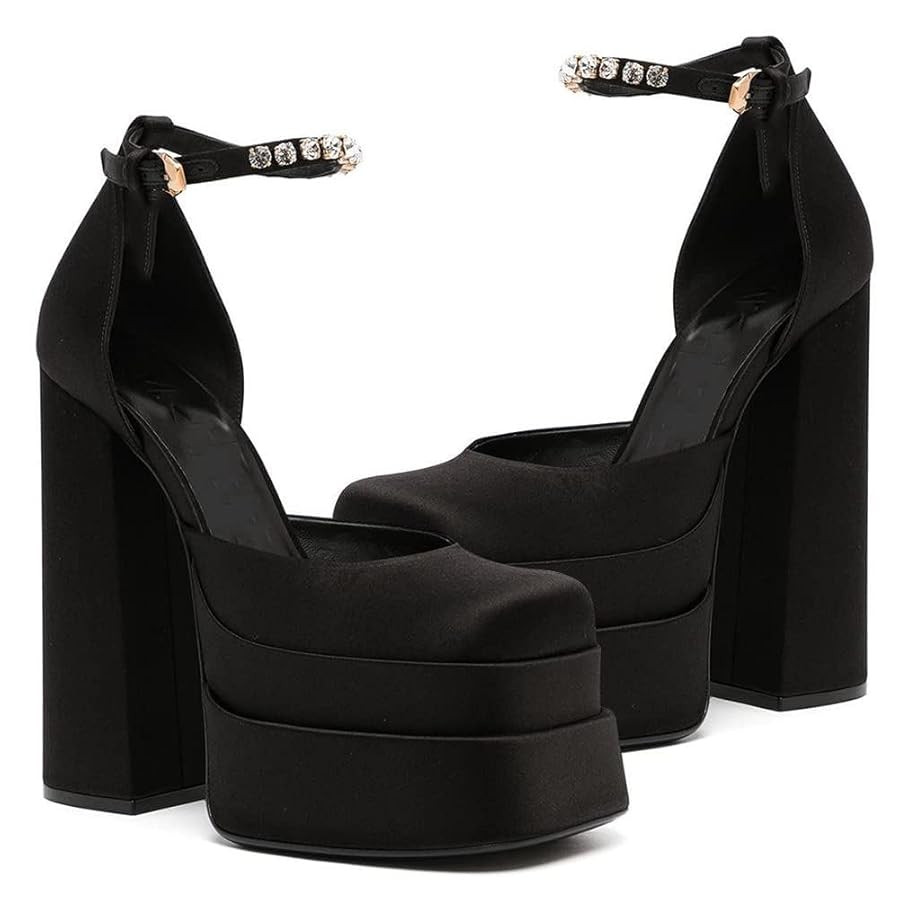 VIMISAOI Black Women's Chunky Heels - Square Toe, Ankle Strap, Buckle, Rhinestones, Wedge, Silk S... | Amazon (US)