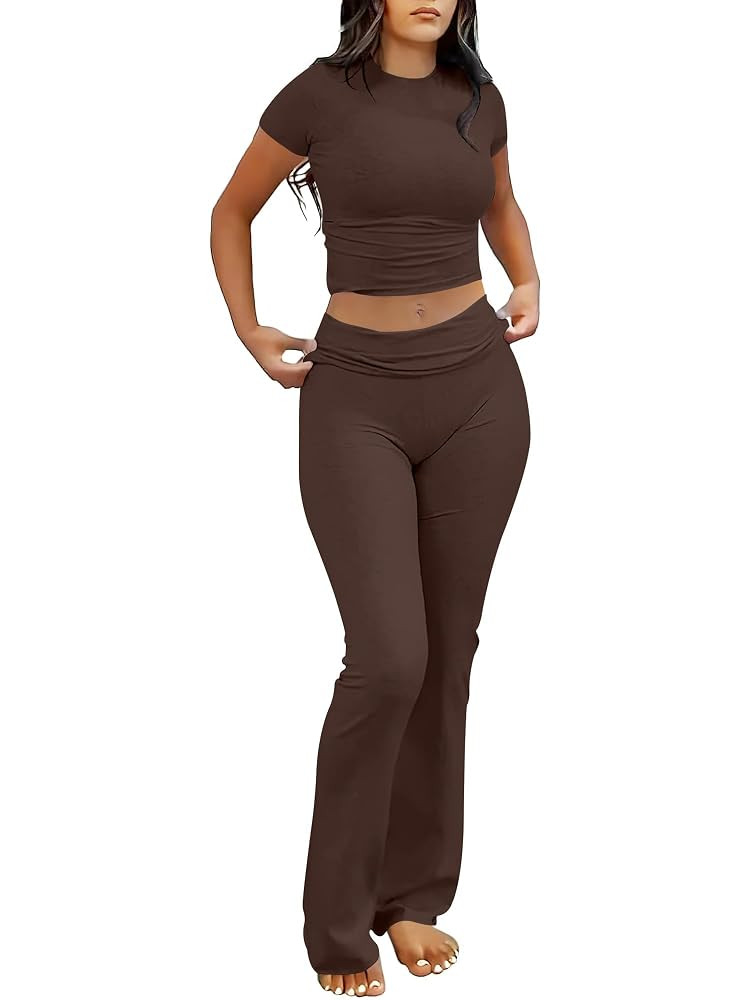 ANRABESS Lounge Sets for Women 2 Piece Foldover Yoga Flare Leggings Pants Crop Tops Casual Y2K Ou... | Amazon (US)