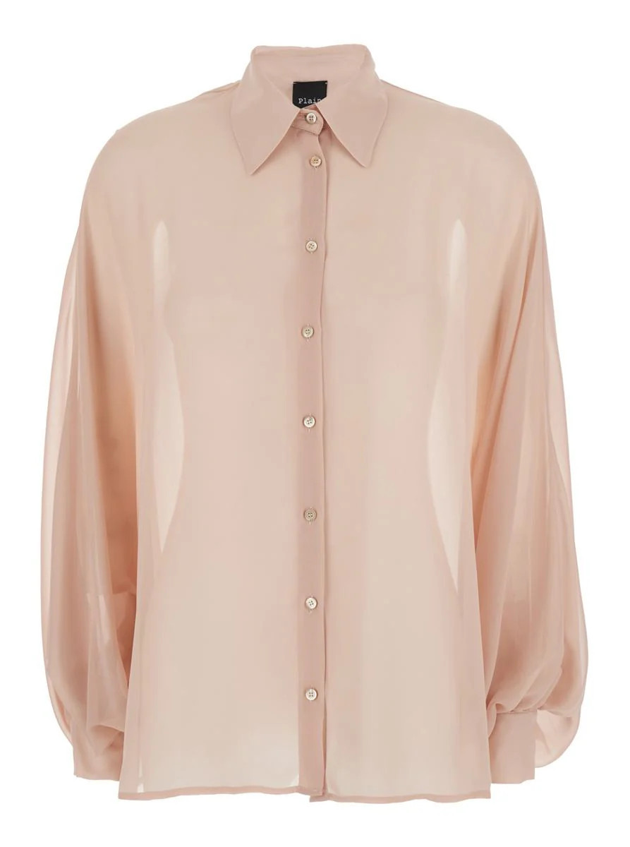 Plain Pink Oversize Blouse With Classic Collar And See-Through Design In Fabric Woman | Baltini