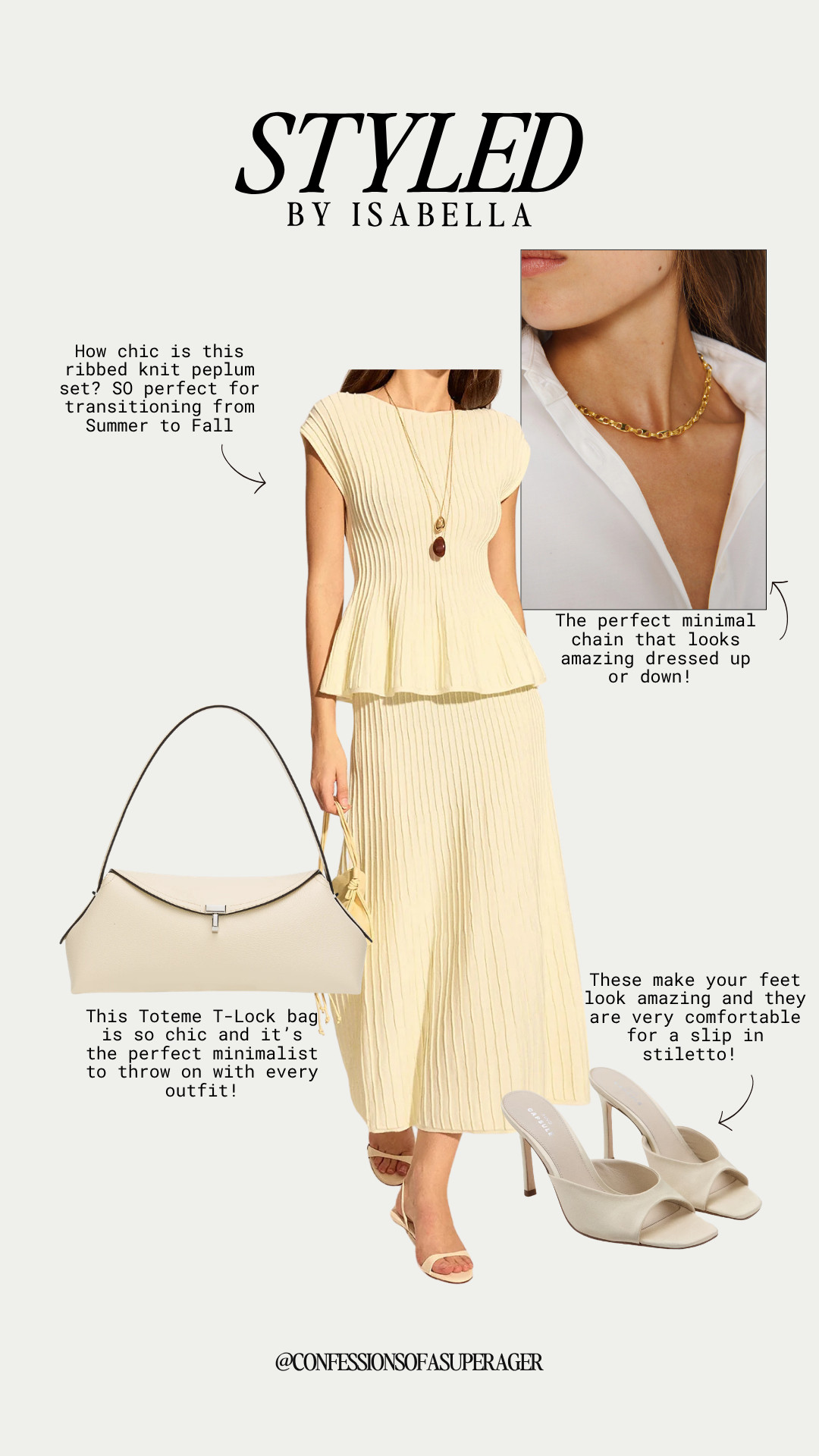 Elevated minimalism at its finest 🤍 This chic ribbed knit peplum set is the perfect neutral outfit to transition from summer to fall. Styled with a timeless Toteme-inspired shoulder bag, minimalist gold jewelry, and elegant heeled sandals, this effortlessly polished look is ideal for brunch, work, date night, or everyday luxury. Tap to shop this capsule wardrobe favorite and save for your next neutral outfit inspiration! ✨ #NeutralStyle #MinimalStyle #CapsuleWardrobe #QuietLuxury #OldMoneyStyle #SummerToFall #FallTransitionStyle #NeutralOutfit #KnitSet #PeplumTop #MinimalFashion #LuxuryInspired #TotemeStyle #ClassicStyle #EverydayChic #WorkwearStyle #BrunchOutfit #LTKStyle #LTKFashion #LTKFinds #FashionOver40 #FashionOver50 #AgelessStyle #ConfessionsOfASuperAger

#LTKootd #LTKSeasonal #LTKSaleAlert